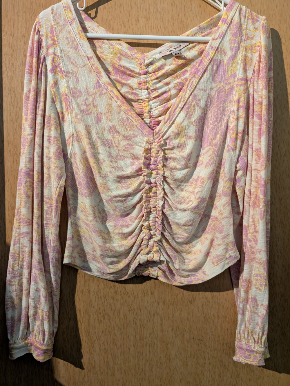 Free People Ruched V-Neck Floral Long Sleeve Top - Pink Cream